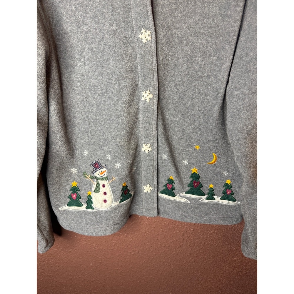 Vintage 90's Grandmacore Gray Snowman Christmas Snowflake Fleece Cardigan M - Picture 2 of 4